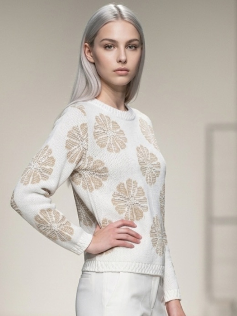 TYLER BOE Sweater Floral Jacquard White Sandstone Beige Pullover 100% Cotton